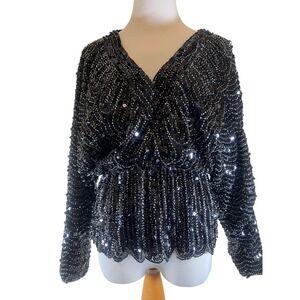 Sequin Beaded Blouse Top Peplum V Neck Long Sleeve -‎ Size S